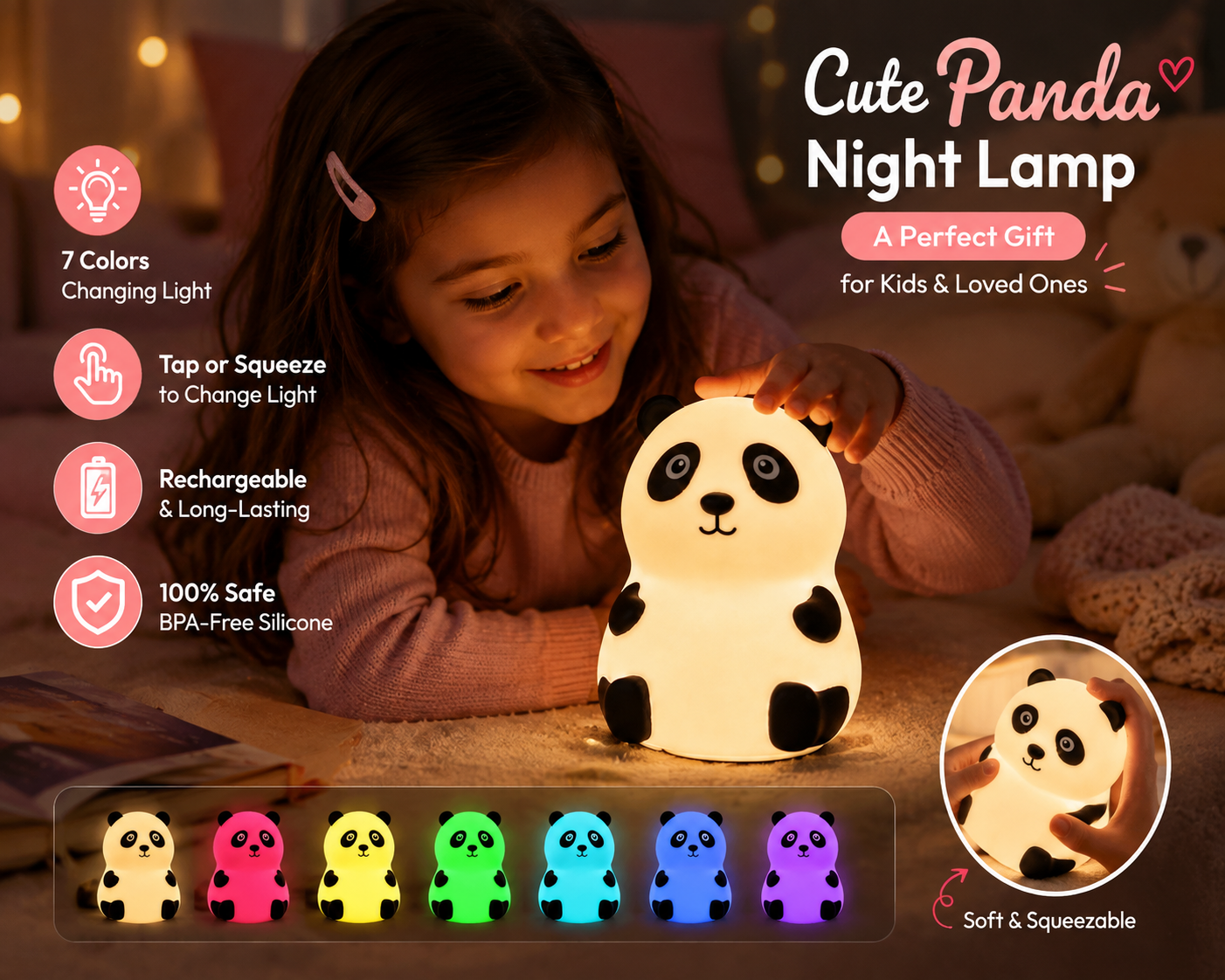 Cute Panda Silicone Night Lamp – 7-Color LED Rechargeable Night Light